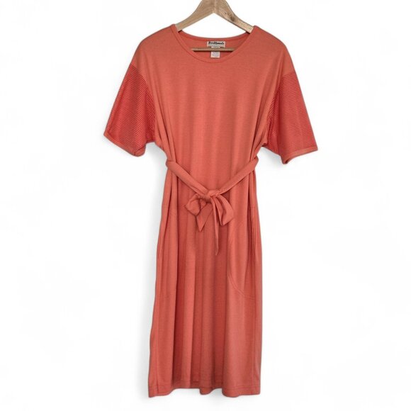 Vintage Tumbleweeds Tie Waist Midi Dress Women's 80s Scoop Neck Mesh Shoulder L - Picture 1 of 6